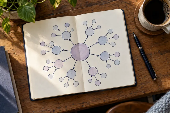 Cuaderno con un diagrama de futuros dibujado a mano y una taza de café