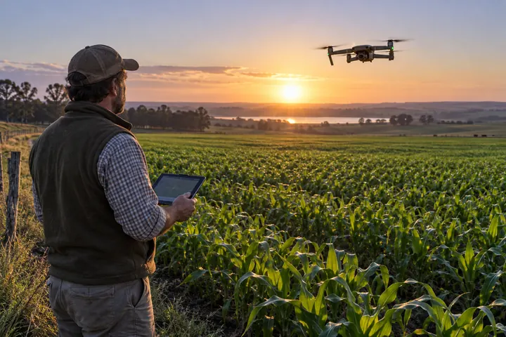 Dron sobre un campo de cultivo y un productor con una tablet