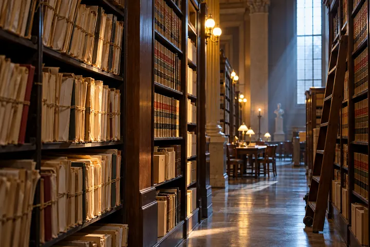 Estanterías de un archivo legislativo con carpetas y libros