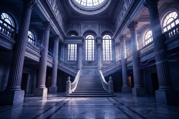 Hall de mármol de un edificio legislativo con columnas y haces de luz