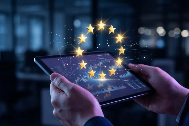 Manos con una tablet y un holograma de doce estrellas doradas