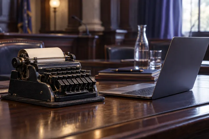 Máquina de taquigrafía antigua junto a una laptop moderna
