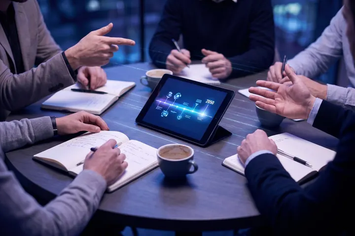 Mesa de discusión con cuadernos y una tablet con una línea de tiempo
