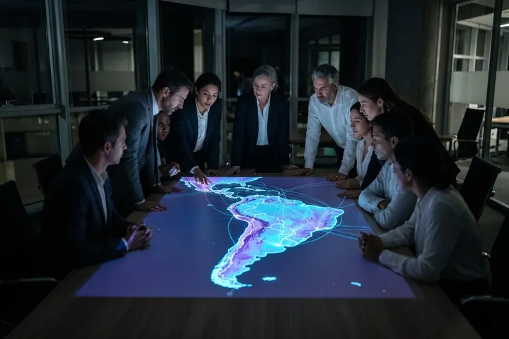 Personas inclinadas sobre un mapa luminoso de América Latina