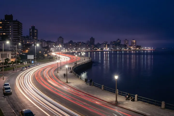 Rambla de Montevideo de noche, con estelas de luz del tránsito junto al río