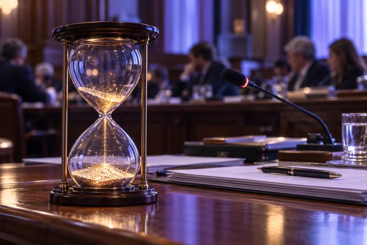 Reloj de arena luminoso sobre el pupitre de un legislador