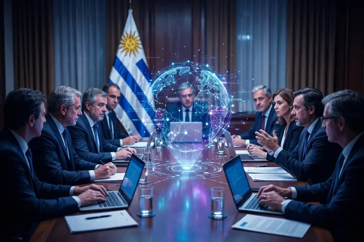 Reunión de funcionarios alrededor de una mesa con una interfaz holográfica de IA y la bandera de Uruguay