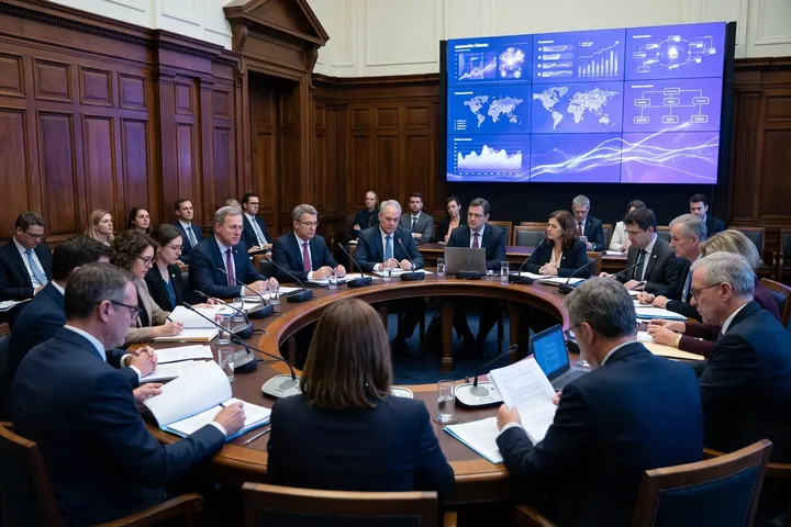 Sesión de una comisión parlamentaria con una pantalla de escenarios futuros