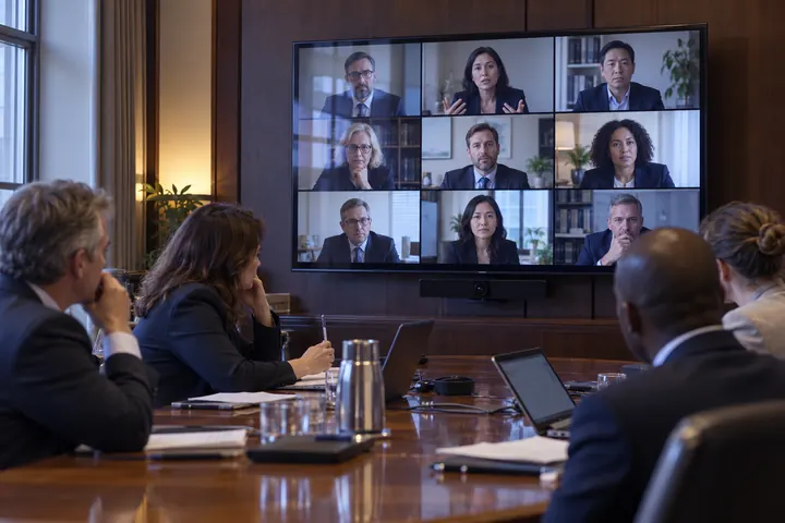 Sesión de comisión por videoconferencia en una sala de reuniones