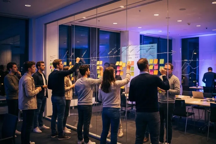 Taller de prospectiva con notas adhesivas sobre una pared de vidrio