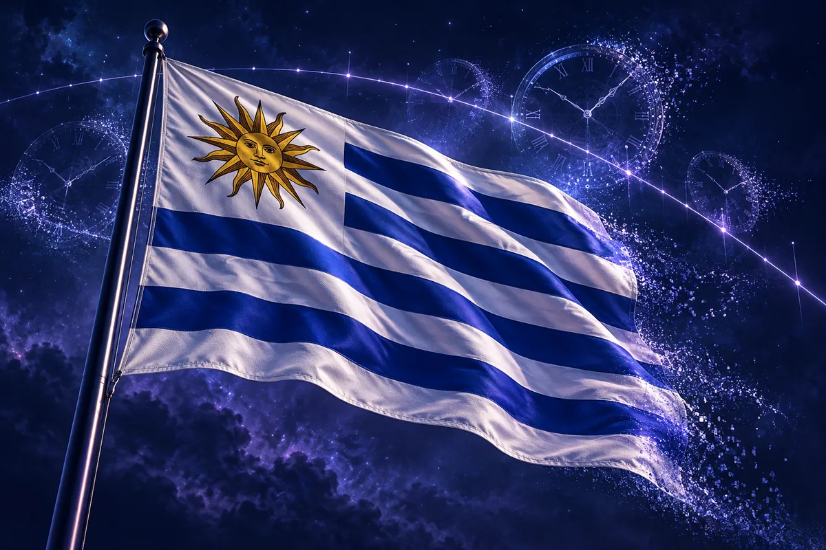 Bandera de Uruguay en un mástil frente a una línea de tiempo luminosa en el cielo nocturno