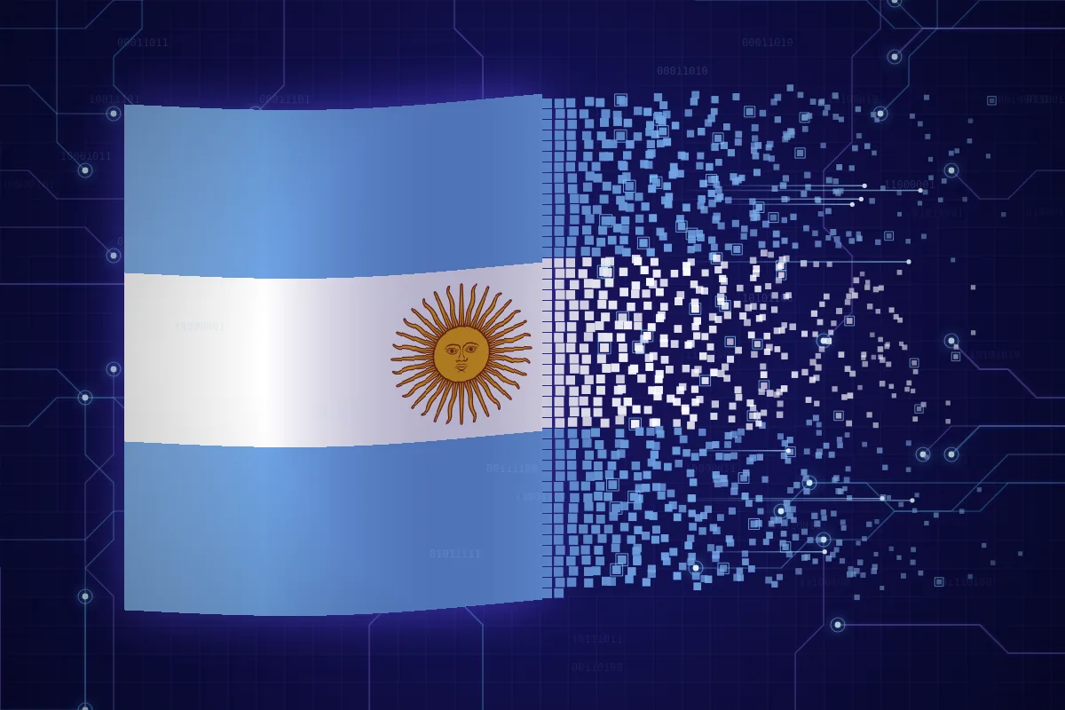 Bandera de Argentina que se disuelve en píxeles y circuitos sobre un fondo digital