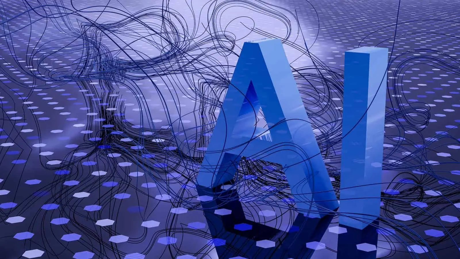 Letras tridimensionales azules con las siglas AI sobre una superficie de puntos hexagonales y líneas oscuras enredadas