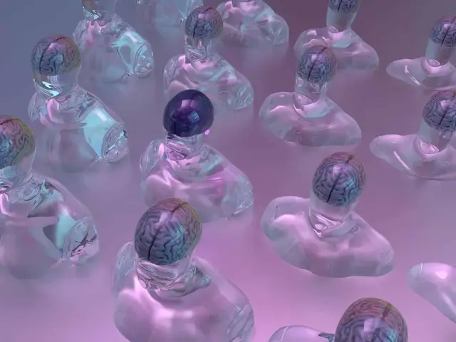 Figuras humanas translúcidas de cristal con cerebros visibles sobre un fondo rosado; una de ellas tiene el cerebro oscuro