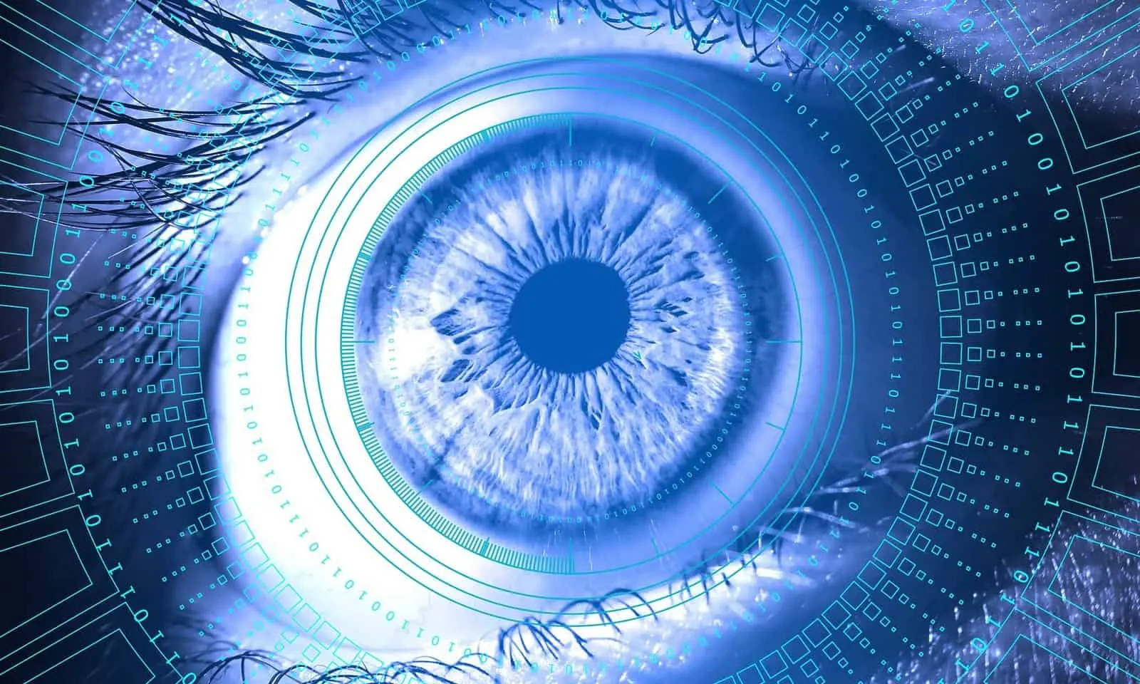 Primer plano de un ojo azul rodeado de círculos concéntricos y dígitos binarios, que sugiere la visión de una máquina