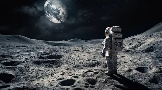 Astronauta de pie sobre la superficie lunar llena de cráteres, con la Tierra visible en el cielo negro