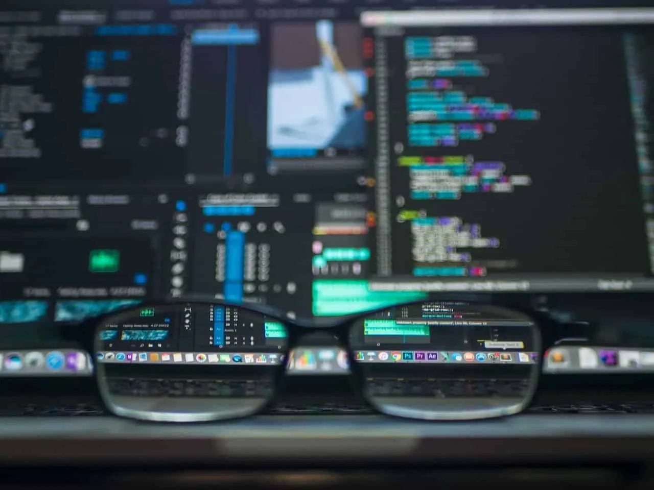 Unas gafas apoyadas frente a varios monitores con código y paneles de datos desenfocados, imagen del trabajo técnico detrás de la inversión en IA