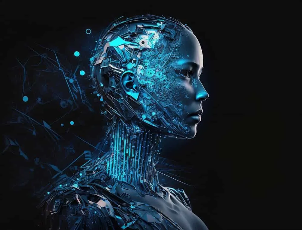 Perfil de un rostro humanoide con circuitos azules luminosos en la cabeza y el cuello, sobre un fondo negro