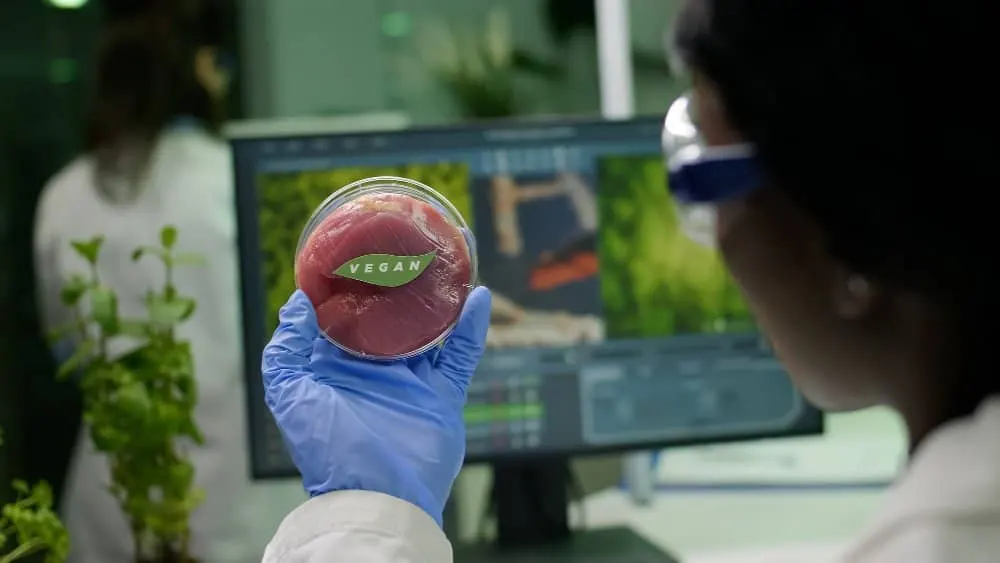 Investigadora con gafas protectoras y guante azul sostiene una placa de Petri con carne rotulada «vegan», frente a una pantalla en un laboratorio