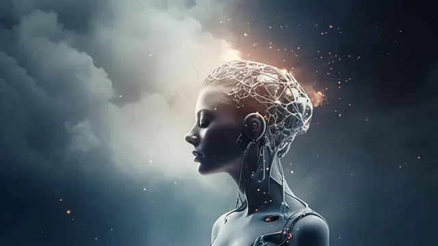 Perfil de una figura femenina con una red luminosa sobre la cabeza y el cuello mecánico, frente a un cielo de nubes oscuras con chispas
