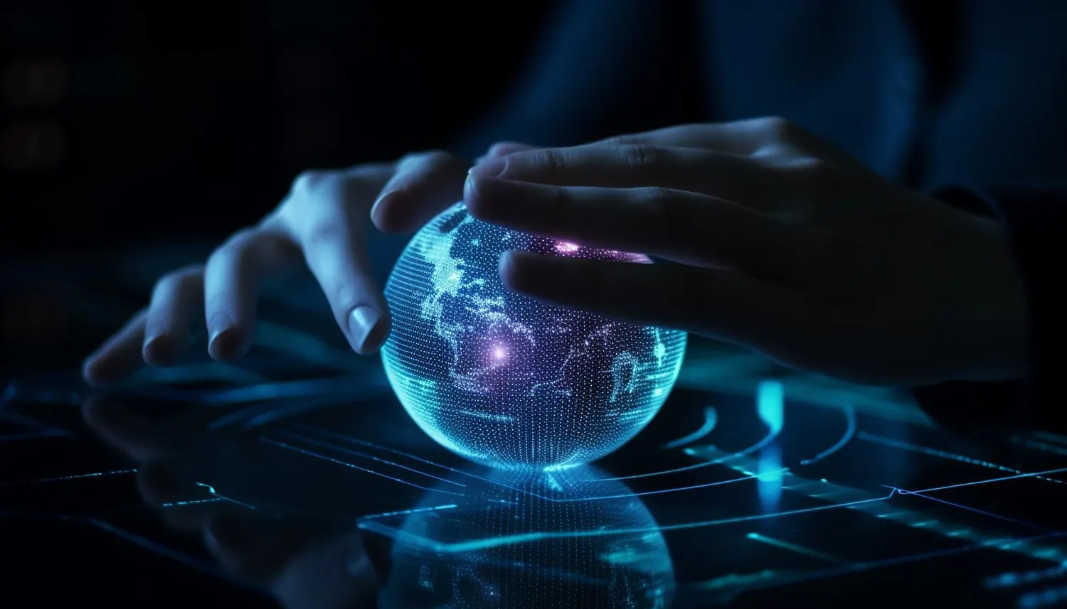 Dos manos rodean un globo terráqueo holográfico luminoso sobre una superficie con trazos digitales, en un entorno oscuro