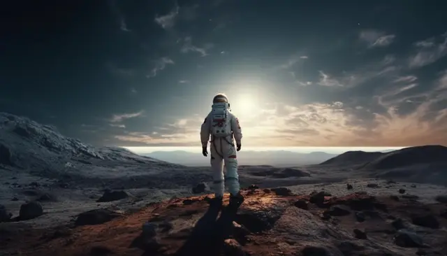 Astronauta de espaldas sobre un terreno rocoso de Marte, frente a un horizonte con el sol bajo y un cielo cargado de nubes
