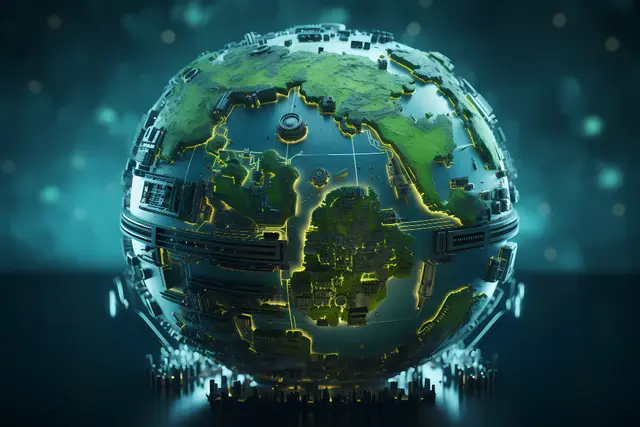 Globo terráqueo de continentes verdes con bordes luminosos, recubierto de piezas y circuitos tecnológicos sobre un fondo azul oscuro