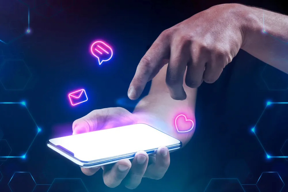Mano que toca la pantalla de un teléfono con íconos de mensaje, correo y corazón en neón rosa que flotan sobre fondo azul oscuro.