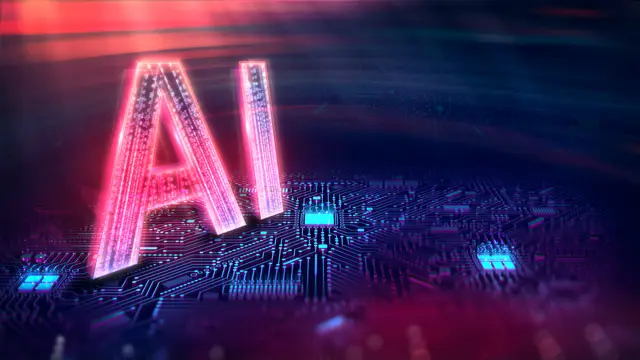 Letras AI rojas y luminosas sobre un circuito electrónico oscuro con detalles azules, en un entorno digital.