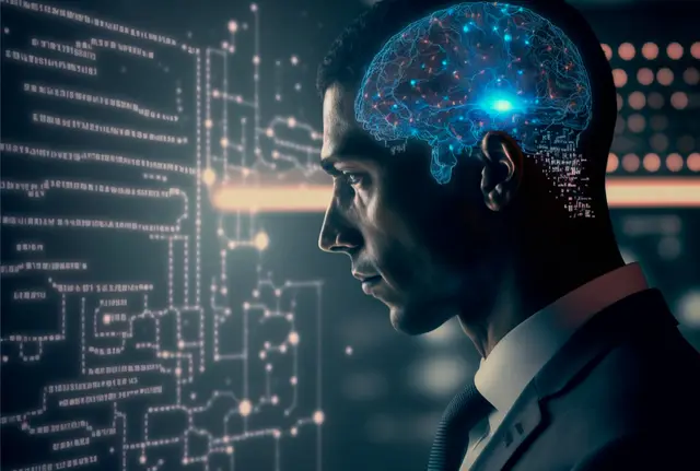 Perfil de un hombre de traje con un cerebro luminoso en la sien, frente a un fondo de circuitos y líneas de código