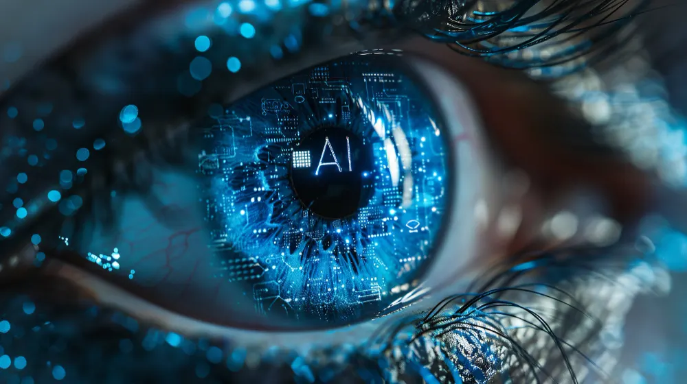 Ojo humano en primer plano con el reflejo de un circuito azul y las letras AI en la pupila, que sugiere vigilancia con inteligencia artificial.