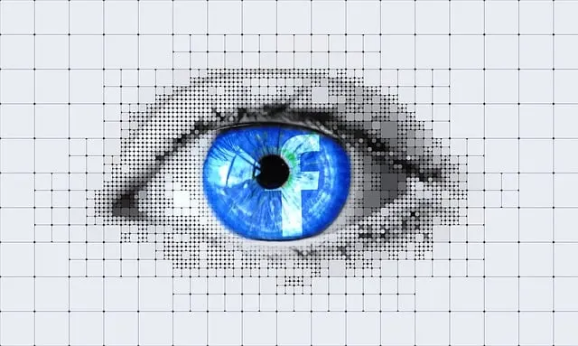 Ojo en blanco y negro hecho de puntos, con el iris azul que lleva el logotipo de Facebook, sobre una cuadrícula blanca.