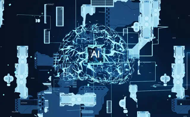 Cerebro luminoso con un chip de IA en el centro, rodeado de circuitos azules, como emblema de las redes neuronales que desarrolló LeCun.