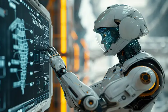 Robot humanoide blanco con casco y visor que toca con la mano una pantalla con esquemas técnicos, en un entorno industrial.