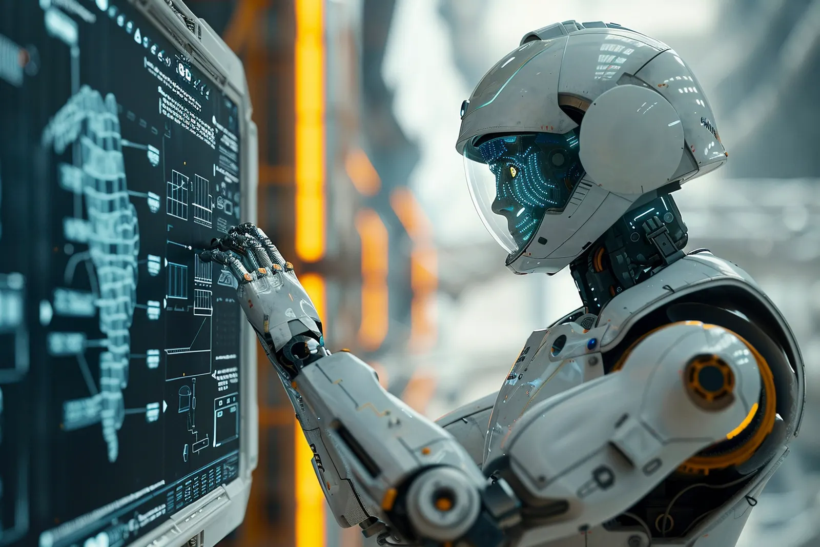 Robot humanoide blanco con casco y visor que toca con la mano una pantalla con esquemas técnicos, en un entorno industrial.