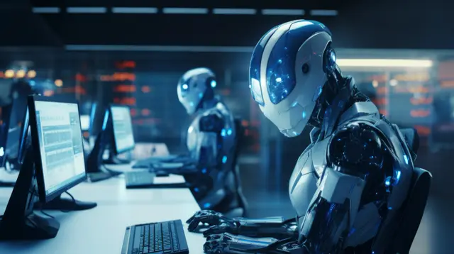 Dos robots humanoides blancos y azules sentados frente a computadoras en una oficina con luces rojas al fondo.