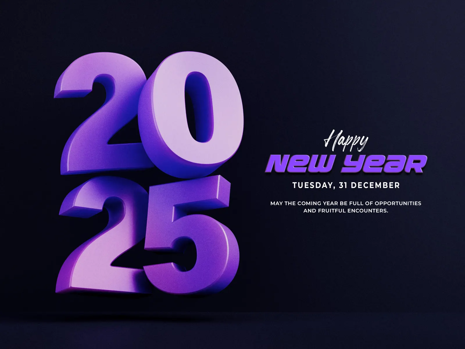 Cifras 2025 en tres dimensiones de color violeta sobre fondo oscuro, junto al mensaje de feliz año nuevo del 31 de diciembre.