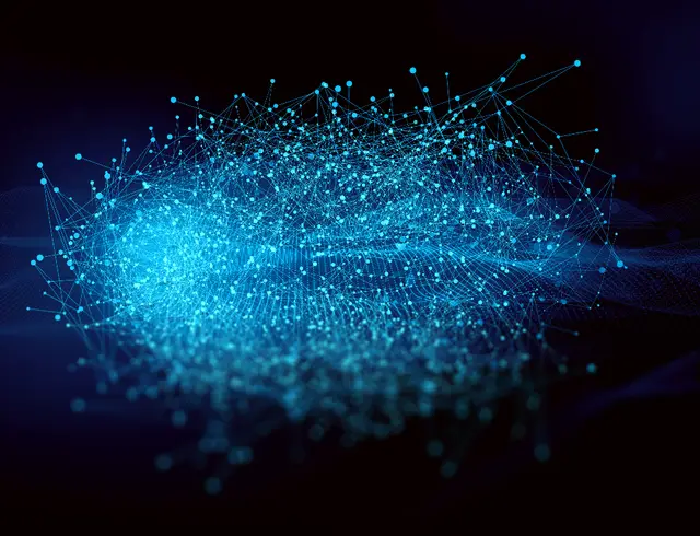 Red de puntos luminosos azules conectados por líneas finas sobre fondo oscuro, como una representación de una red neuronal.