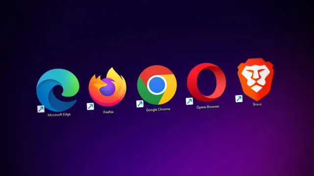 Íconos de cinco navegadores web, entre ellos Edge, Firefox, Chrome, Opera y Brave, sobre un fondo degradado violeta.