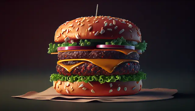 Hamburguesa de dos carnes con queso, lechuga y cebolla morada sobre papel, ilustración generada digitalmente sobre fondo oscuro.