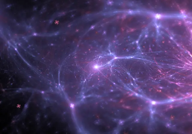 Red de filamentos luminosos violetas y azules con nodos brillantes sobre fondo oscuro, que evoca conexiones neuronales.