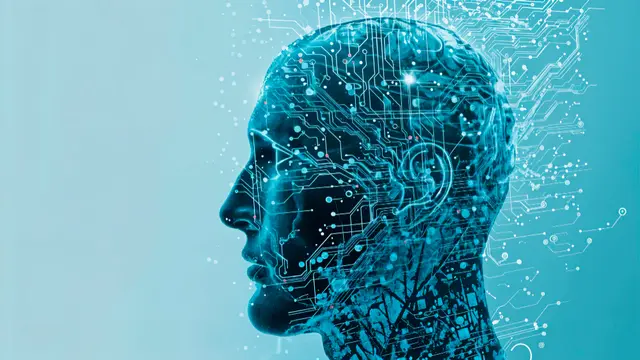 Perfil de una cabeza humana en tonos celestes con circuitos y puntos de luz que se extienden sobre el cerebro.