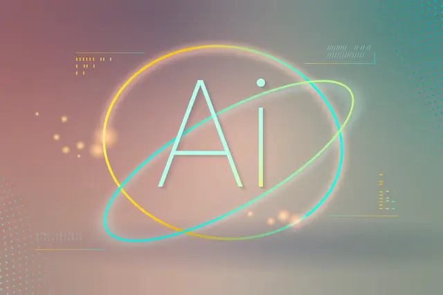 Las letras AI rodeadas por dos órbitas luminosas, una amarilla y otra turquesa, sobre un fondo degradado rosado y verde.