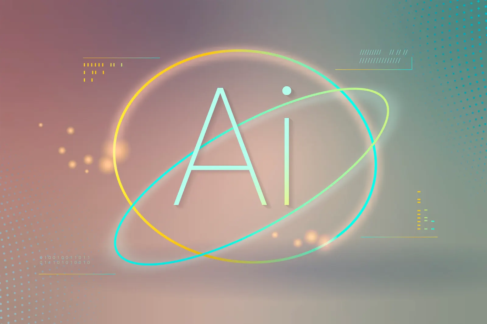 Las letras AI rodeadas por dos órbitas luminosas, una amarilla y otra turquesa, sobre un fondo degradado rosado y verde.