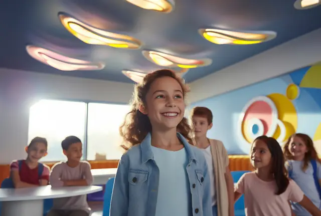 Una niña sonríe al frente de un grupo de niños en un aula luminosa, con lámparas de formas ovaladas en el techo y un mural de colores.