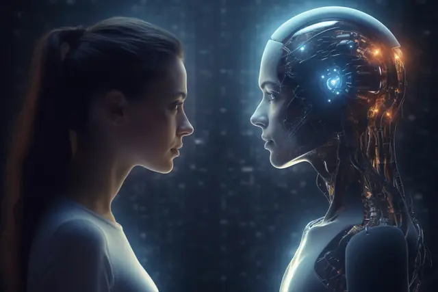 Una mujer y un robot de rostro humanoide se miran de perfil sobre un fondo azul oscuro con cifras, en una escena de luz fría.