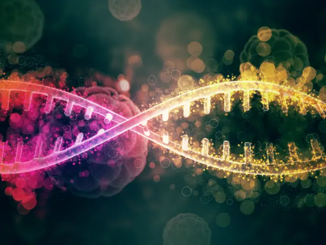 Doble hélice de ADN luminosa en tonos rosa y dorado sobre un fondo oscuro con formas celulares desenfocadas.
