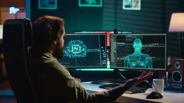 Hombre barbudo ante un escritorio, con las manos abiertas frente a dos monitores con un cerebro digital y una figura humana en 3D