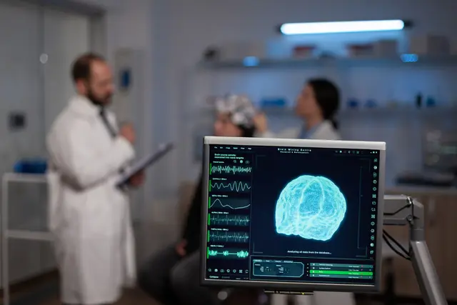 Científico con bata y una paciente con gorro de electrodos al fondo, con un monitor en primer plano que muestra un cerebro en 3D