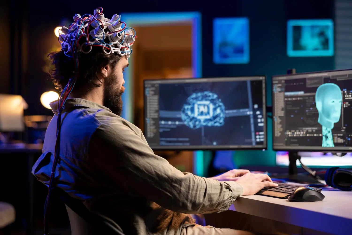 Hombre barbudo con un gorro de electrodos en la cabeza ante dos monitores que muestran un cerebro y una figura humana digital